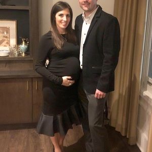 MATERNITY cocktail dress w/ faux leather ruffle.